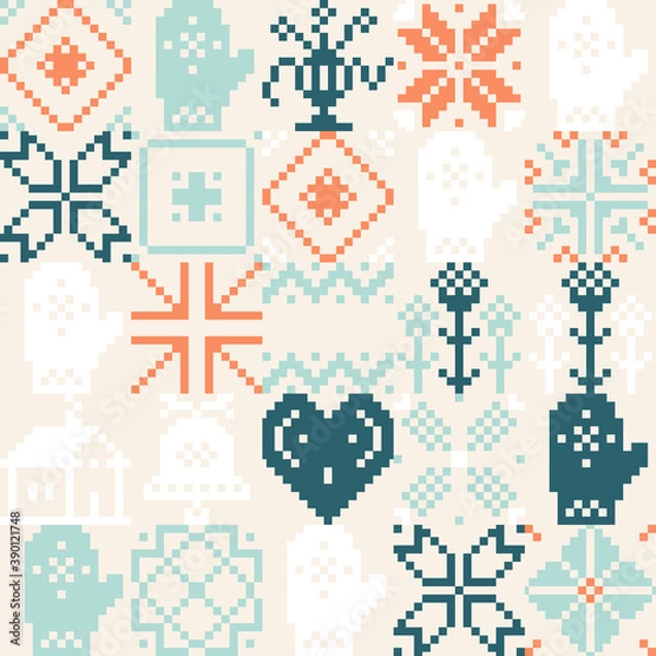 Fototapeta Embroidery Ornament Vector Pattern Design With Ethnic And Folk Abstract Shapes