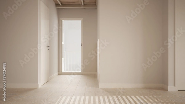 Fototapeta Empty room interior design, open space with white walls and ceramic tiles floor, wooden bamboo ceiling, modern contemporary architecture, big window, mock-up with copy space