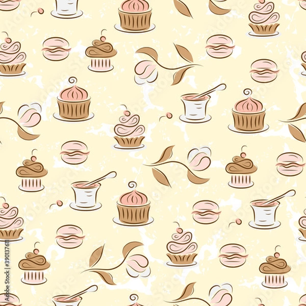 Obraz Seamless pattern with desserts (cupcakes, macaroon, yogurt, muffins)