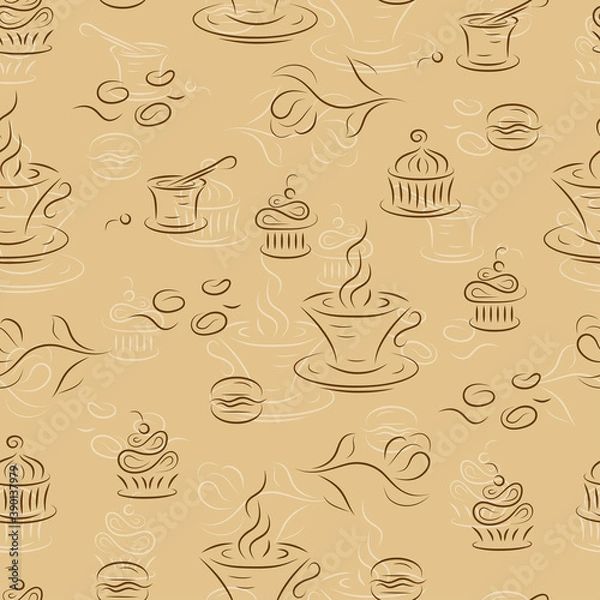 Obraz Dessert. Seamless pattern with coffee and sweets. Brown vintage background.