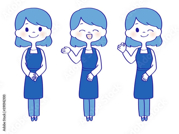Fototapeta エプロンの女性　セット／青ベース