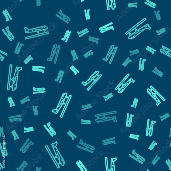 Fototapeta Green line Plane icon isolated seamless pattern on blue background. Flying airplane icon. Airliner sign. Vector.