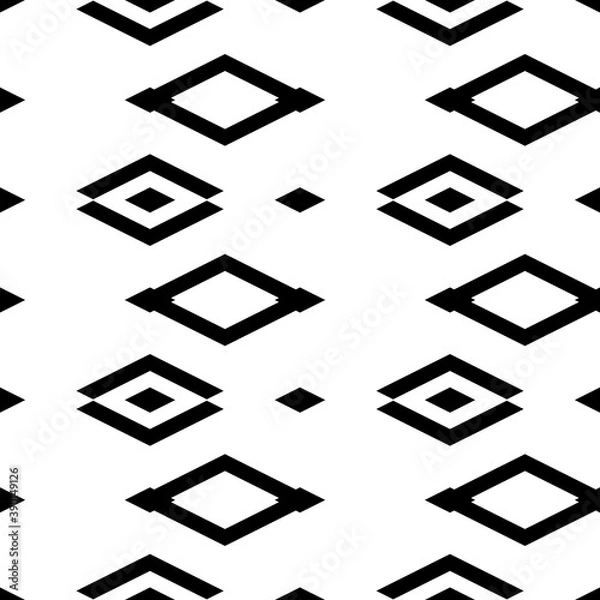 Fototapeta Repeated black rhombuses and brackets on white background. Ethnic wallpaper. Seamless surface pattern design with diamonds and chevrons ornament. Digital paper for textile print. Vector art.
