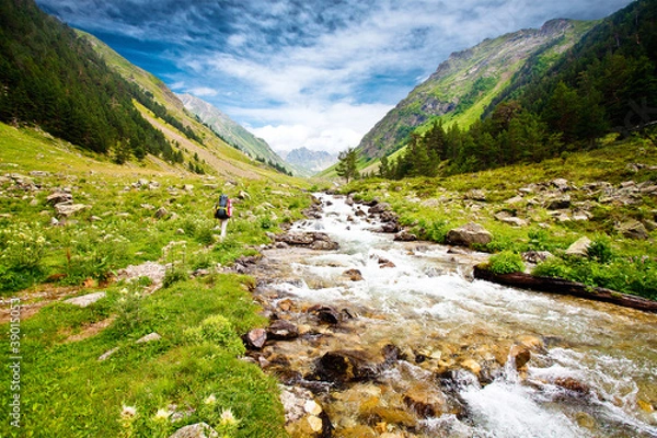Fototapeta Hiker in Caucasus mountains