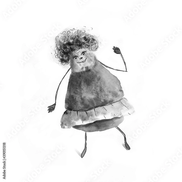 Obraz Funny smiling character with thin legs, full, with fluffy hair, dancer, black and white hand drawn illustration