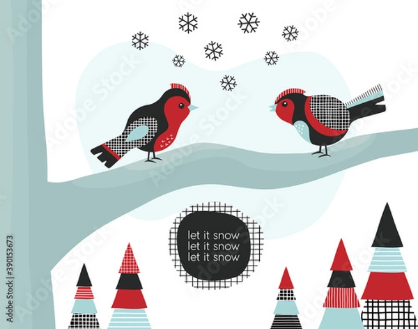 Obraz Birds in winter landscape doodles, chirstmas holidays nature illustration