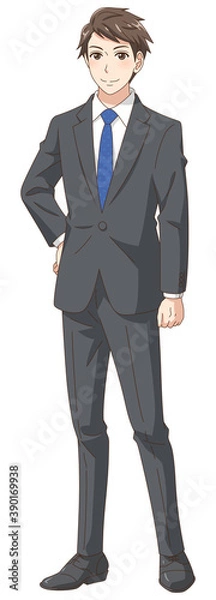 Obraz 笑顔で立ちポーズをとるスーツの若い男性
