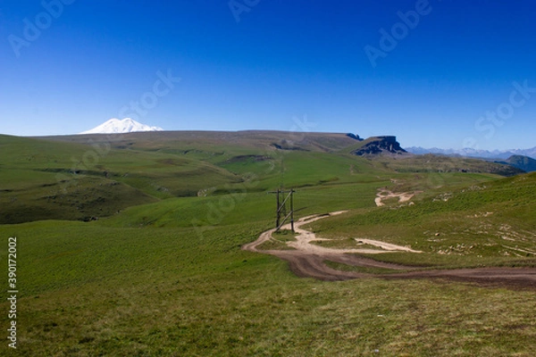 Fototapeta Beautiful alpine meadows on a sunny day with a view of the snowy mountain Elbrus