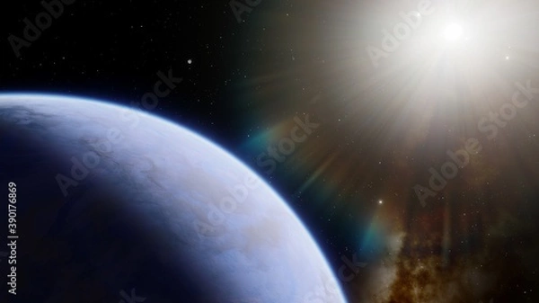 Fototapeta beautiful alien planet in far space, realistic exoplanet, planet suitable for colonization, planet similar to Earth, detailed planet surface 3D render