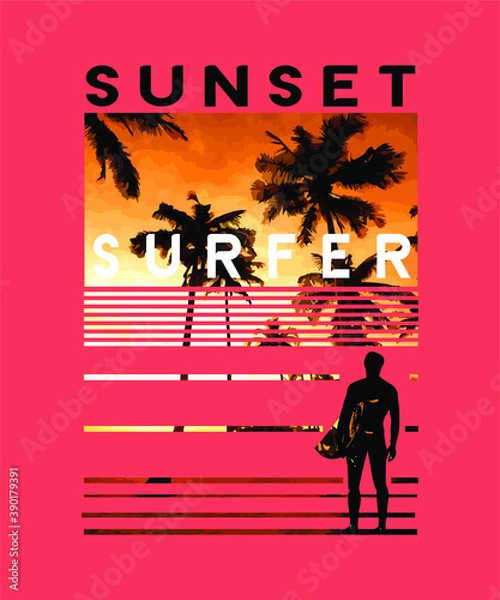 Obraz Vector illustration of surfer silhouette with background with beach and palm landscape.