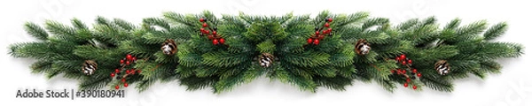 Fototapeta Christmas border frame of tree branches with red berries and pine cones