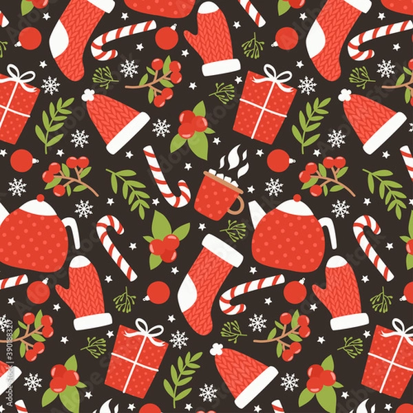Obraz Winter pattern with mittens, socks, teapots and cups, branches, berries and snowflakes on dark background. Vector pattern for wrapping paper, textile, greeting cards and party invitations.