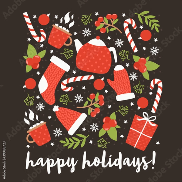 Obraz Cute winter illustrations. Teapot, mittens, socks, candy cane, leaves and flowers. Vector Christmas collection