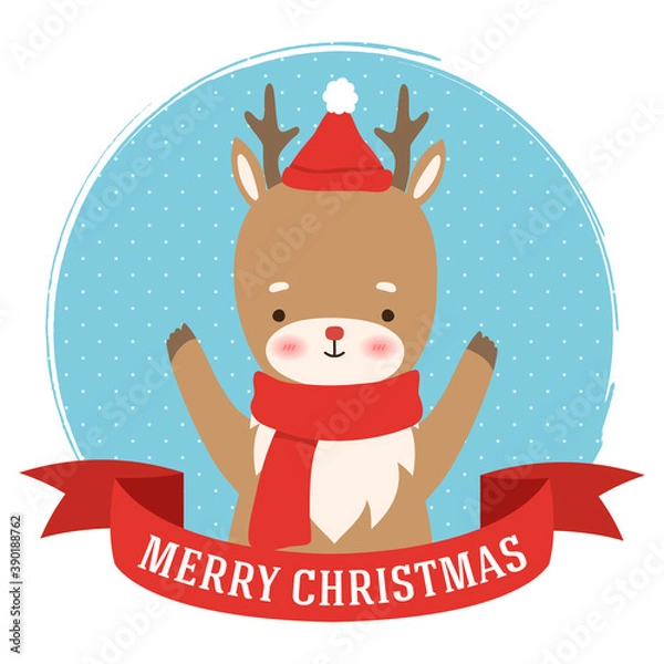 Obraz Cute cartoon deer illustration. Winter illustration of deer with merry Christmas text. Winter holidays greeting card template. Vector deer