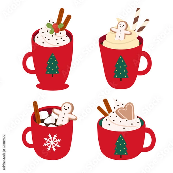 Obraz Cute winter drinks collection isolated. Cartoon cocoa or hot chocolate mug illustration. Vector illustration