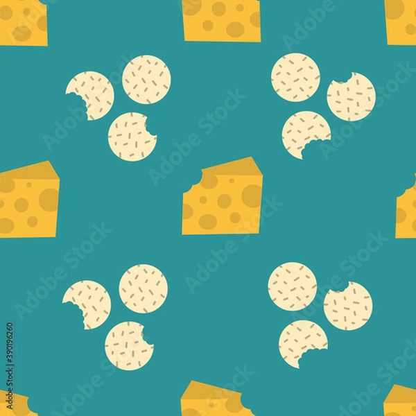 Fototapeta Crackers and cheese with green background. Biscuits seamless repeat vector pattern.