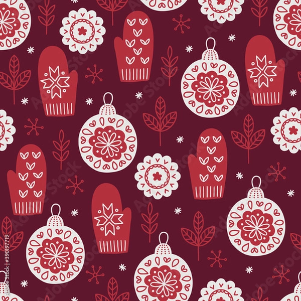Obraz Christmas seamless pattern with leaves, balls, mittens, snowflakes. Scandinavian style