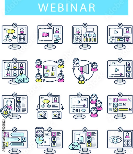 Fototapeta webinar, different colors icons, online work