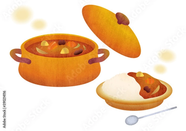 Obraz お鍋とお皿のカレーライスの素材イラスト