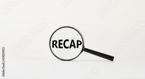 Fototapeta Magnifying glass with word recap on beautiful white background. Business concept, copy space.