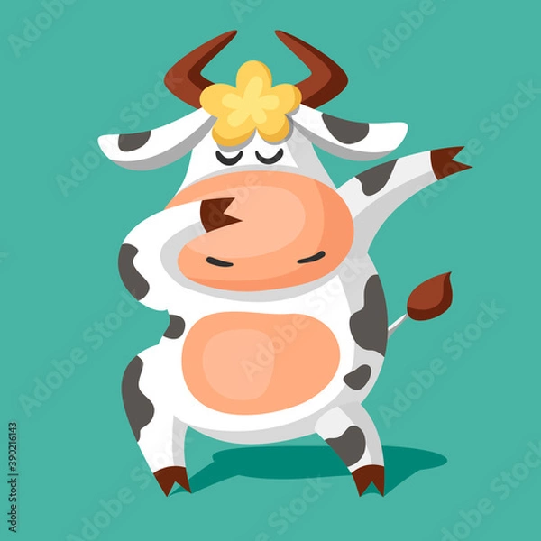 Obraz A cute funny black and white spotted cow in a dabbing pose. Cartoon vector illustration