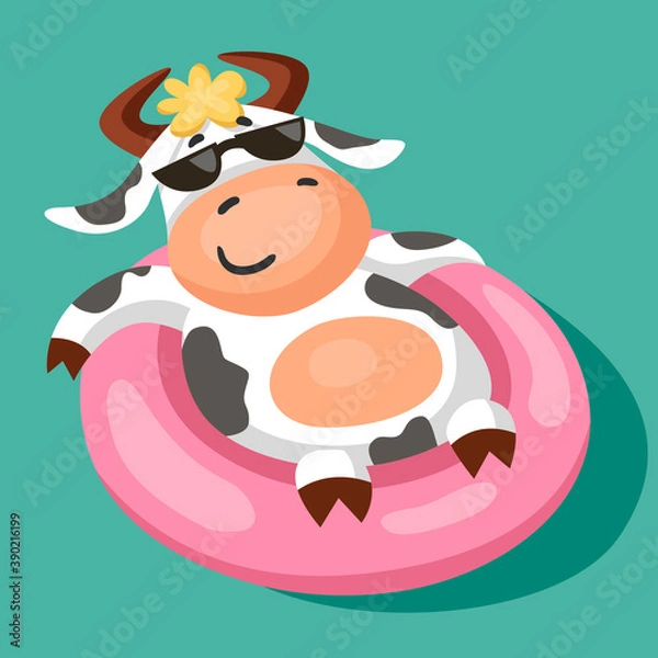Obraz A cute funny black and white spotted cow relaxes in the pool, swimming in an inflatable ring. Cartoon vector illustration