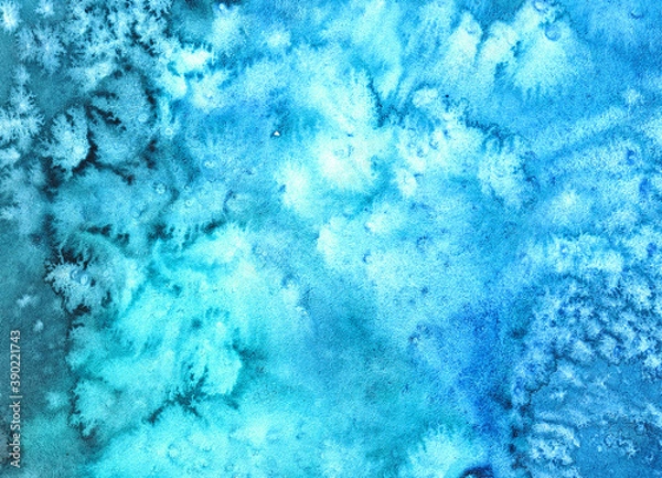 Fototapeta turquoise and blue watercolor background with spots, stains from the salt similar to snowflakes. Paper background. Background for decoration and your design. Watercolor background horizontal