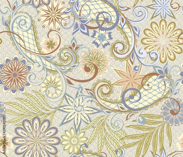 Obraz Abstract vintage pattern with decorative flowers, leaves and Paisley pattern in Oriental style.