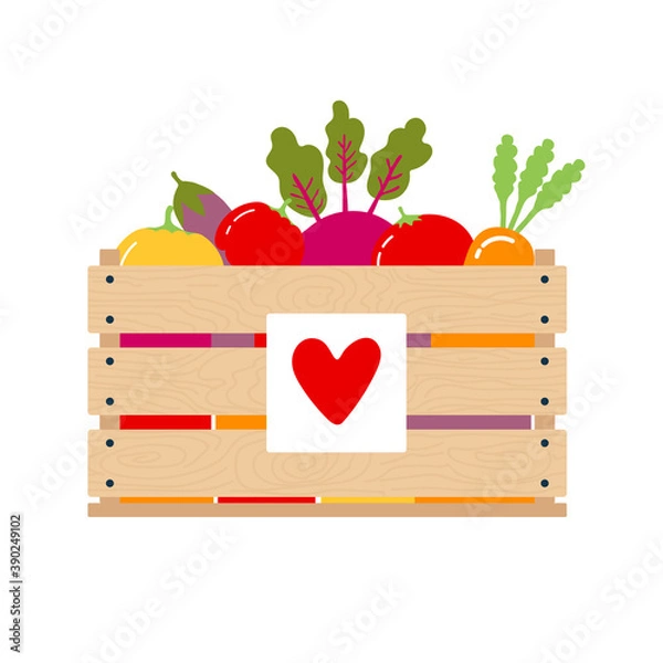 Fototapeta Coronavirus donation food. Donation box with heart. Box with different vegetables. Vector Illustration