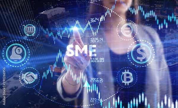 Fototapeta Business, Technology, Internet and network concept. Young businessman working on a virtual screen of the future and sees the inscription: SME