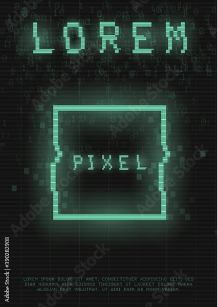 Fototapeta Retrofuturistic poster with a cyber glitch pixel rectangle. Cyberpunk template with a holographic green neon square with distortion effect. Glowing design for poster, flyer, cover. Vector