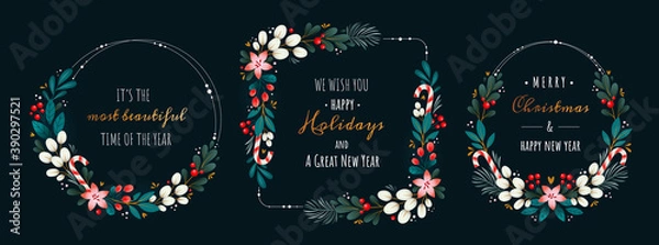 Fototapeta Christmas wreaths made of branches, leaves and berries. Set of greeting frames.
