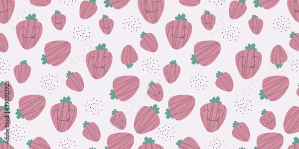 Fototapeta Seamless background with fruits. Vector illustration. Suitable for fabric, wallpaper, kitchen design. Strawberries in a cartoon style