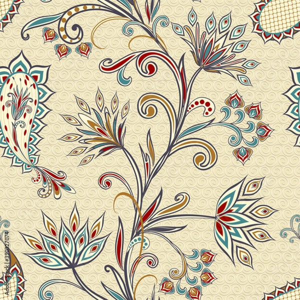 Fototapeta Abstract vintage pattern with decorative flowers, leaves and Paisley pattern in Oriental style.