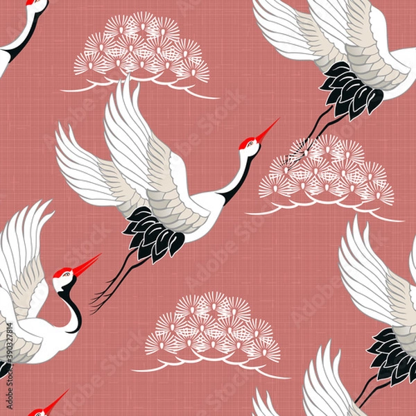 Fototapeta Seamless pattern with birds. Royal Crane. Ornament with oriental motifs. Vector.