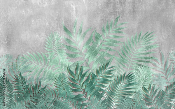 Fototapeta Drawing of tropical leaves in the style of wall plaster in turquoise tones.