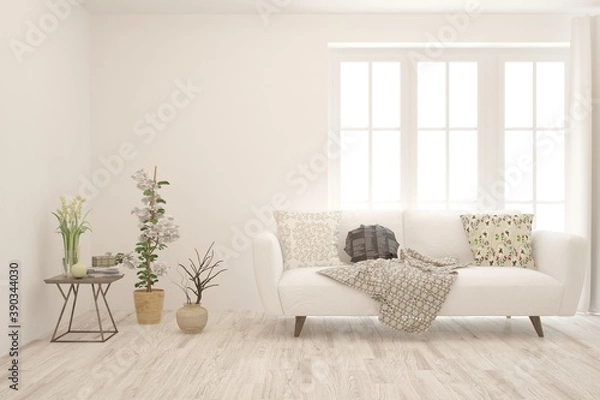 Fototapeta White living room with sofa. Scandinavian interior design. 3D illustration