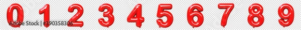 Fototapeta Red inflatable balloons number 0, 1, 2, 3, 4,  5, 6, 7, 8, 9. Transparent background. 3d illustration