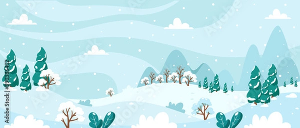 Fototapeta Snowy winter landscape with trees, mountains, fields. Countryside landscape. Winter background. Vector illustration in flat style.