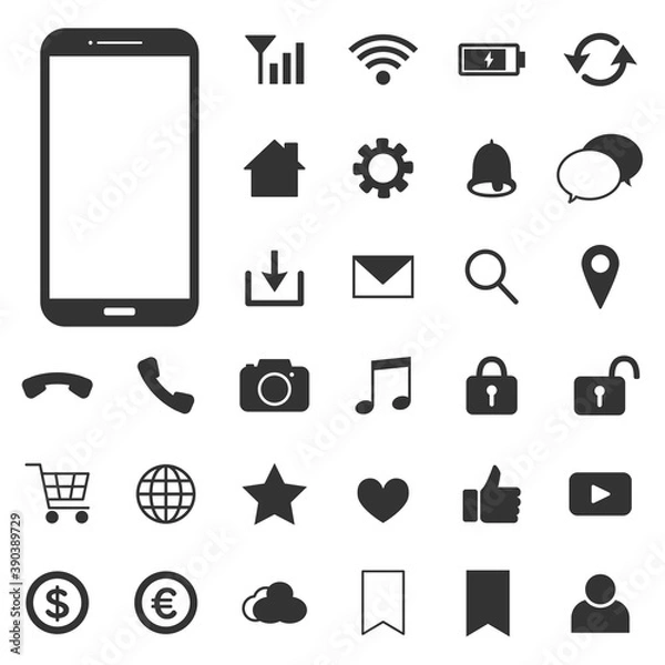 Obraz スマートフォンとアイコンのセット(モノクロ)