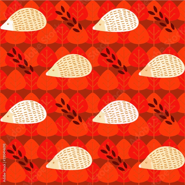 Obraz Hedgehog animal and autumn leaf repeat pattern and seamless vector