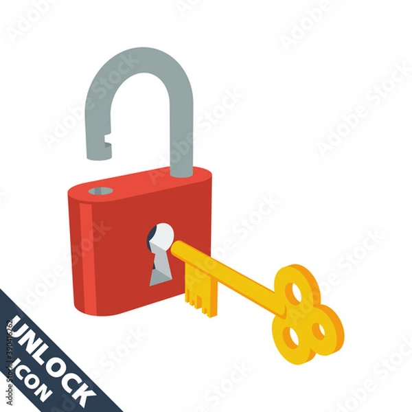 Fototapeta Opened lock and key icon. 3D vector illustration in flat style isolated on white background.