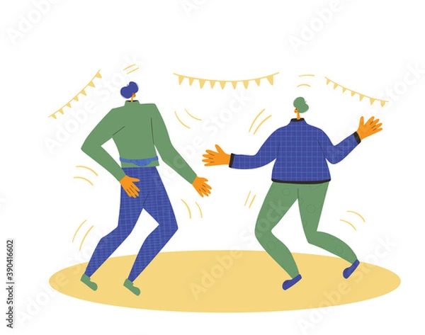 Fototapeta Holiday event. Two characters wearing in casual clothes dancing together isolated on a white background. Persons jumping and have fun. Vector flat illustration.