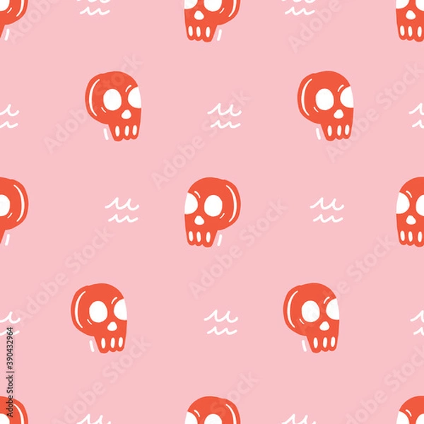 Fototapeta Seamless repeat vector cute red skull head pattern.