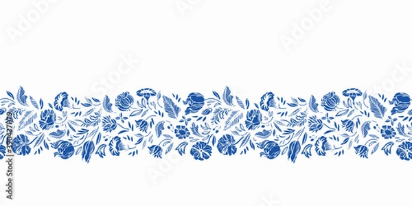 Fototapeta Vector classic porcelain blue floral border. Seamless royal hand drawn baroque design. Blue cutout florals on white background. Elegant nature background. Surface pattern design.