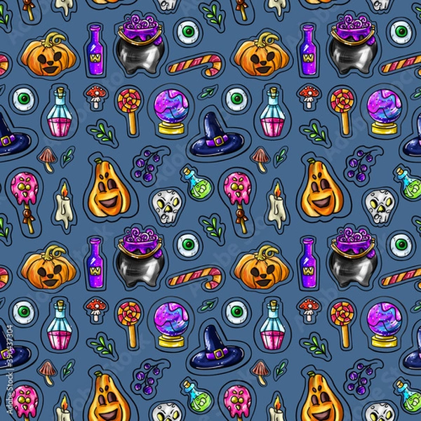 Fototapeta Halloween pattern. Thematic pattern on a blue background.