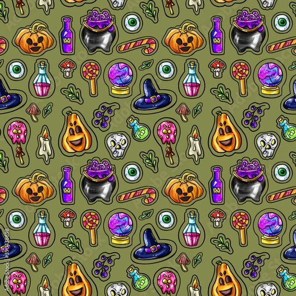 Fototapeta Halloween pattern. Thematic pattern on a green background.