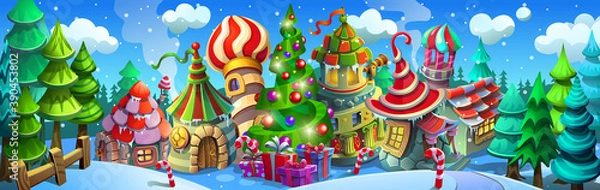 Obraz Christmas village with colorful houses and striped roofs. Christmas tree with gifts and garlands.