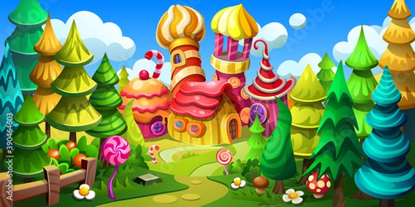 Obraz Candy town in a fairy forest. Fantastic world is made of cakes, marmalades, candies and gingerbread. Vector cartoon illustration.