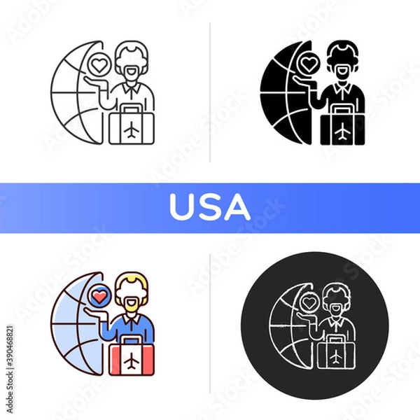 Obraz Melting pot icon. Cultural integration. American ethnic diversity. Monocultural metaphor. Different cultural backgrounds. Linear black and RGB color styles. Isolated vector illustrations